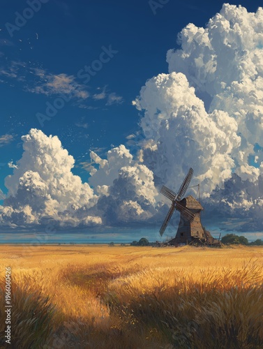 Windmill Stands in Golden Field Under Blue Sky With White Clouds Near the Coa...