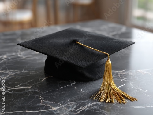 Graduation Cap Placed on a Marble Table in a Bright Indoor Setting