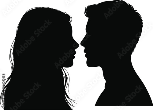 Romantic silhouette profile of a young man and woman facing each other with an intimate look for love, relationship, and Valentine's Day designs.
