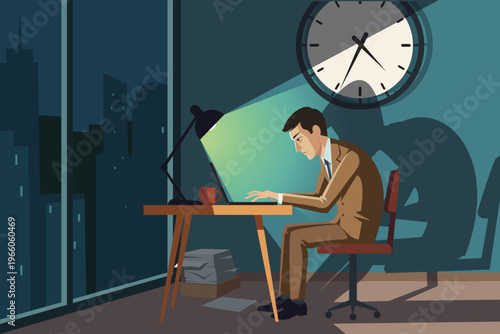 Businessman working under deadline pressure late at night in office, stress and burnout concept, flat vector illustration