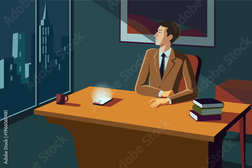 Businessman ignoring smartphone notifications at work, digital fatigue concept, flat vector illustration