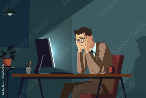 Businessman procrastinating and avoiding work tasks in office, productivity problem concept, flat vector illustration