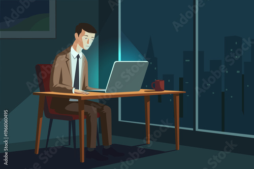 Exhausted businessman emotionally drained at workplace, burnout and mental shutdown concept, flat vector illustration
