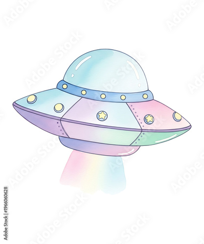 UFO Spaceship Cartoon Kawaii Kids Space Flying Saucer Illustration