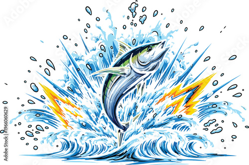 Dolphin jumping out of water with splashes and droplets around it in a dynamic aquatic scene