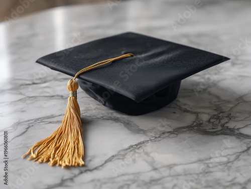 Graduation Cap Placed on a Marble Table With a Yellow Tassel in Clear View