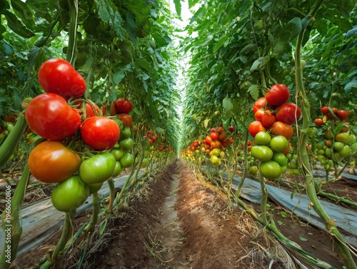Tomatoes Growing in Rows Inside a Greenhouse During the Day