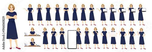 Big set of beautiful business blond woman in different poses. Various gestures female character standing and sitting at the desk isolated vector illustration