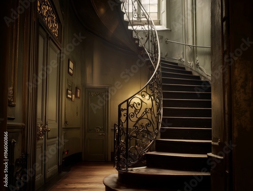 Winding Staircase With Iron Railing in a Vintage Building at Dusk