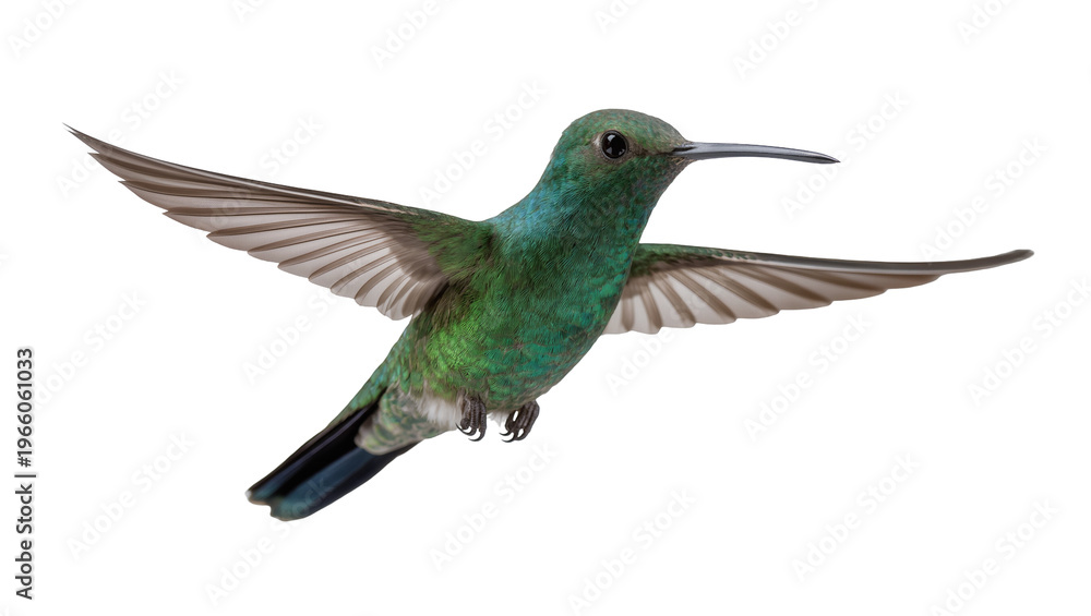 Fototapeta premium Iridescent green hummingbird with outstretched wings in dynamic flight, isolated on transparent background