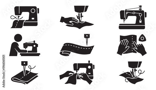 Sewing machine process and tailoring icons for fabric stitching and repairs