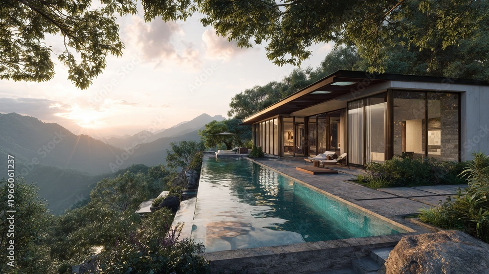 Fototapeta premium A modern house with a pool overlooking a serene mountain landscape at sunset