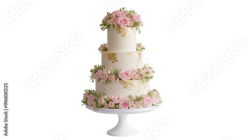 Tableau sur toile Elegant three-tiered wedding cake adorned with pink roses and gold leaf accents