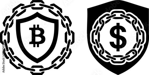 Bitcoin and dollar currency security icons with chain and shield for financial protection