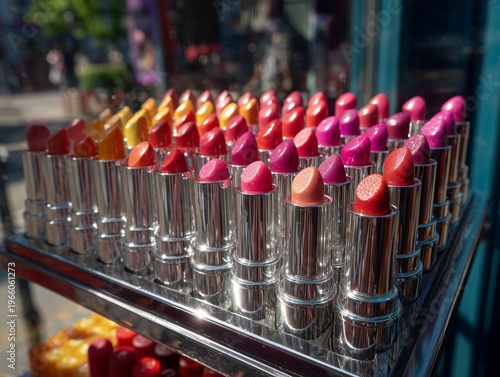 Display of Colorful Lipsticks in a Store Window During Daylight Hours