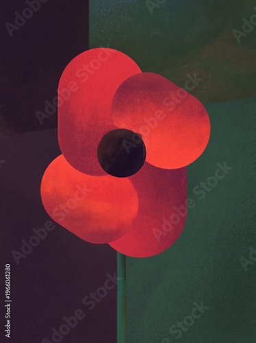Abstract geometric botanical illustration of a red poppy flower with rounded petals and a dark center against a textured green background