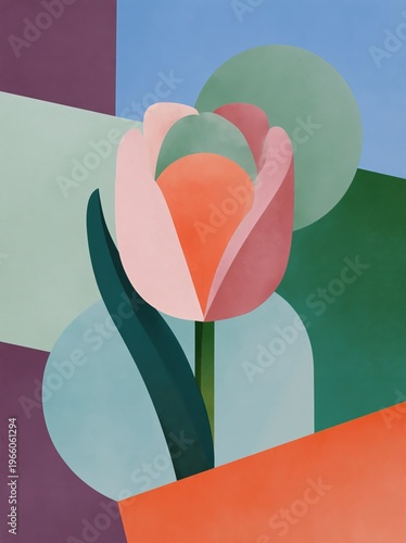 Abstract geometric botanical illustration of a spring tulip flower with colorful shapes and soft pastel colors in the background creating a modern artistic composition