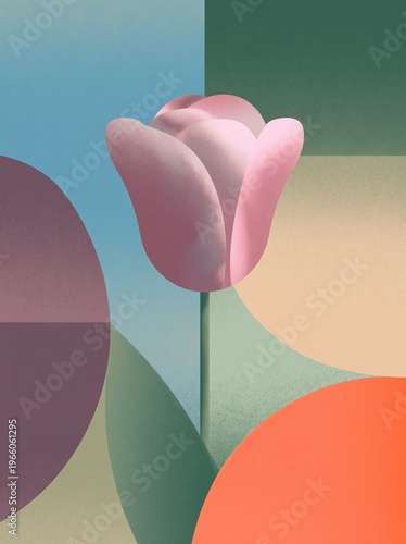 Abstract geometric botanical illustration of a pink flower against a pastel background featuring green, orange, and purple shapes, creating a modern artistic composition