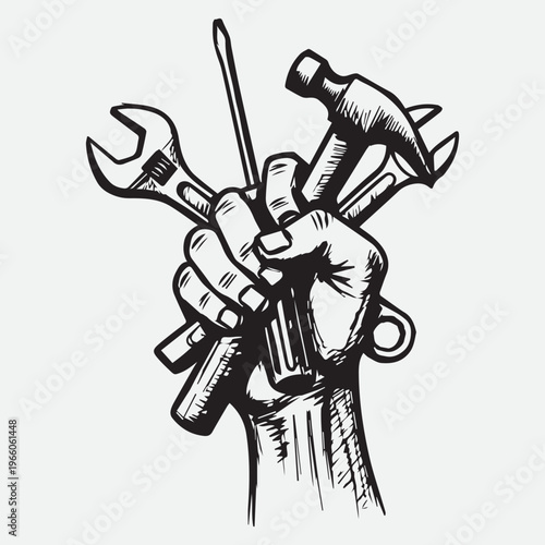 Strong Worker Hand Holding Hammer Wrench and Screwdriver Tools Labour Day Solidarity Concept