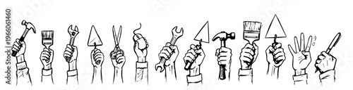 Scrible Line Art Illustration of Workers Hands Raising Tools for International Labour Day Solidarity Concept