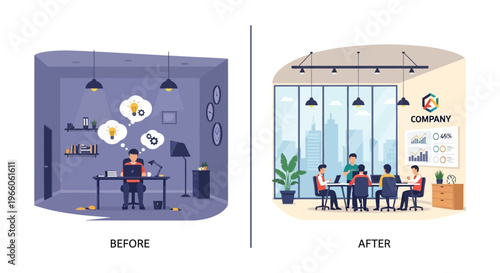 A split illustration depicting a workspace transformation from cluttered to collaborative showcasing a distinct silhouette high quality professional detailed modern elegant
