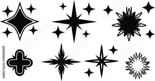Y2K sparkle star shapes in retro vector design style