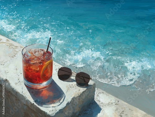 Refreshing Drink and Sunglasses by the Ocean on a Sunny Day