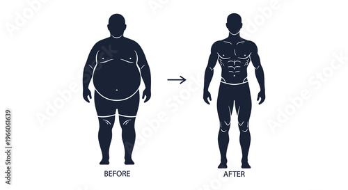 A visual comparison of body types depicting weight loss transformation from before to after in silhouette high quality professional detailed modern