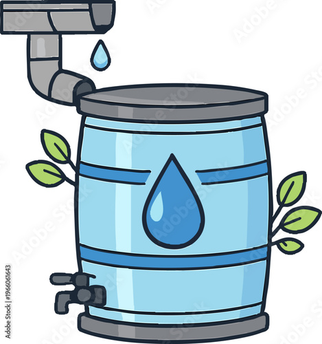 Cartoon illustration of rainwater harvesting blue barrel with green le
