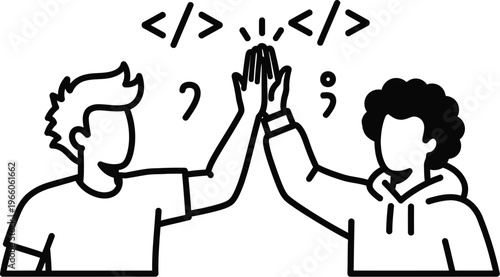 Software developers high five after successful code deployment vector