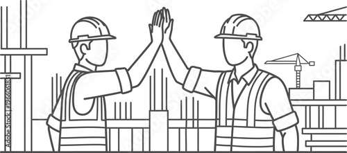 Construction workers high five at industrial building site