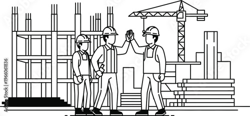 Construction workers high five at industrial building site