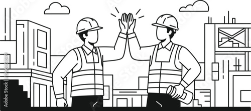 Construction workers high five at industrial building site