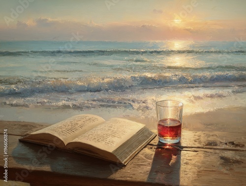 Enjoying a Drink and Reading a Book by the Ocean at Sunset