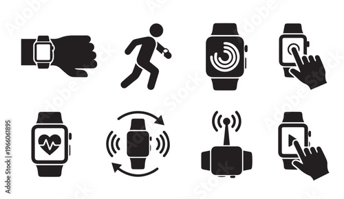 Smartwatch health tracking and user interface interaction icon set