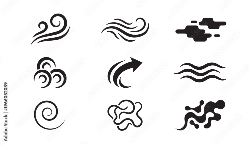 Naklejka premium Black wind wave and cloud icons set isolated on white background