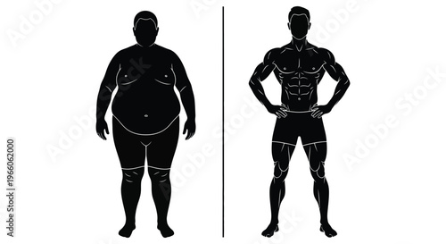 A stark comparison of body shapes contrasting overweight and muscular physiques presented in black silhouette high quality professional detailed modern elegant
