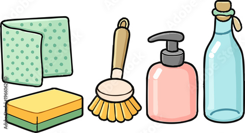 colorful hand-drawn cleaning supplies illustration with sponge brush b