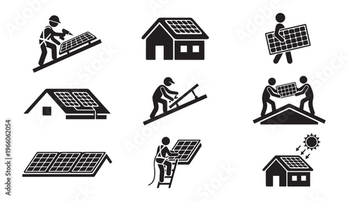 Solar panel installation and renewable energy worker icon set