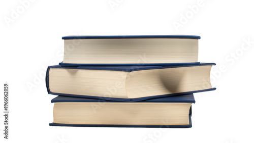 Three stacked blue hardcover books, isolated on transparent background