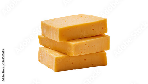Stacked orange cheddar cheese blocks, isolated on transparent background for food
