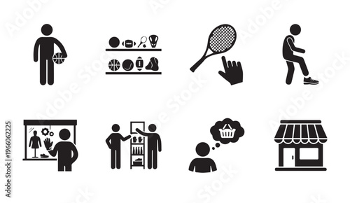 Sports equipment retail store and shopping experience icon set