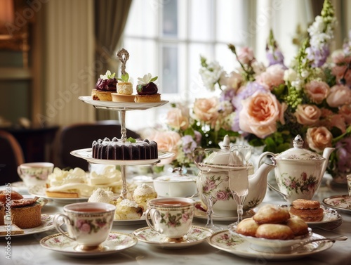 Tea Time Gathering With Desserts and Flowers in a Cozy Setting