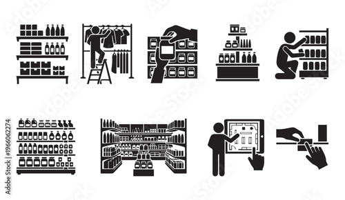 Retail shopping and warehouse logistics icon set