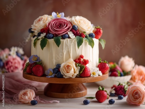 Beautiful Cake Decorated With Flowers and Fruits Placed on a Wooden Stand
