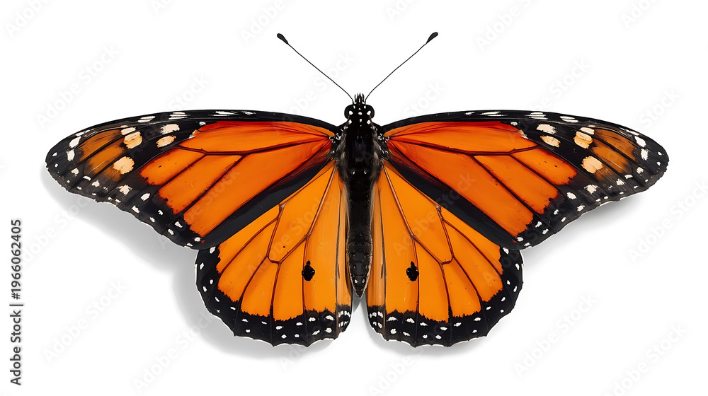 Obraz premium Monarch Butterfly with Vibrant Orange and Black Wings Spread Wide Isolated on White Background