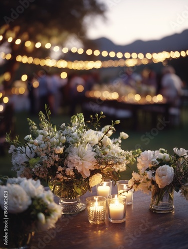 Evening Gathering With Flowers and Candles at a Celebration in the Garden