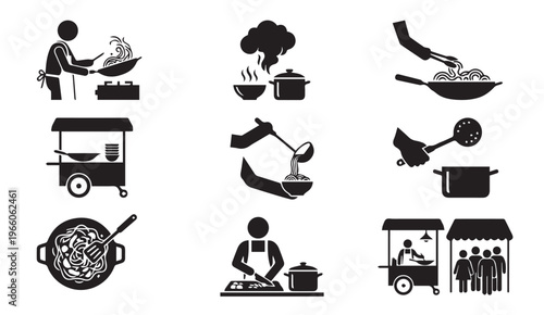 Street food cooking and chef preparation icon set