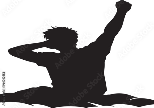 A stark black silhouette depicts a person with a raised fist in a triumphant gesture seemingly celebrating a victory or achievement