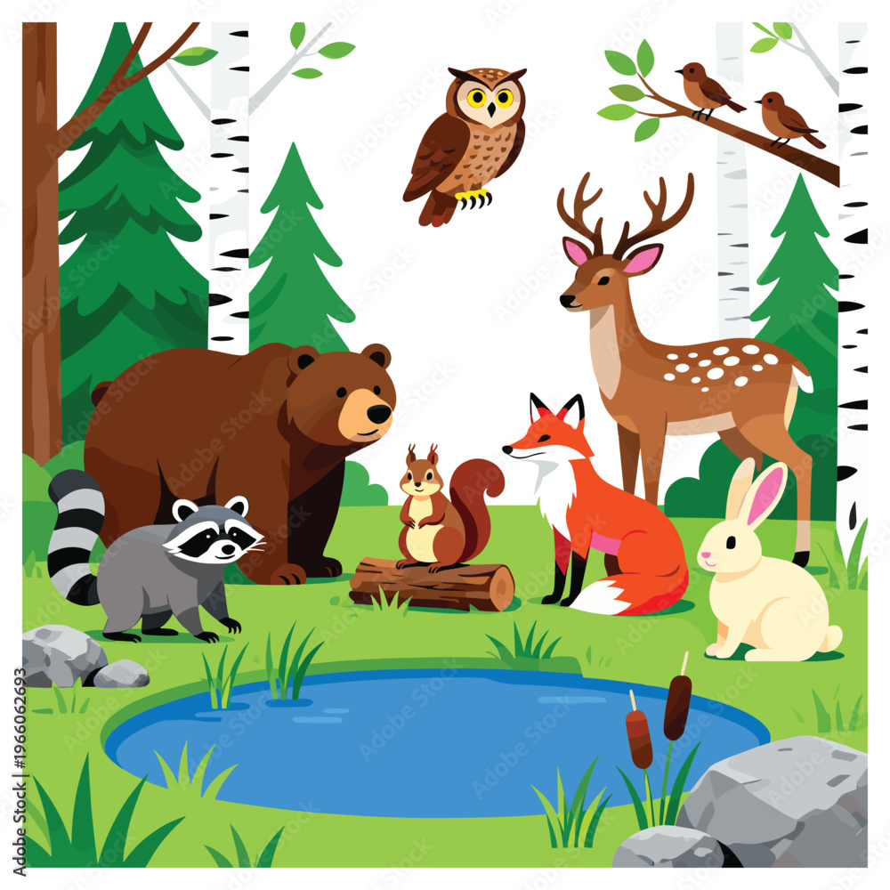 Naklejka premium Forest animals gathered near a pond in a serene natural setting during daytime